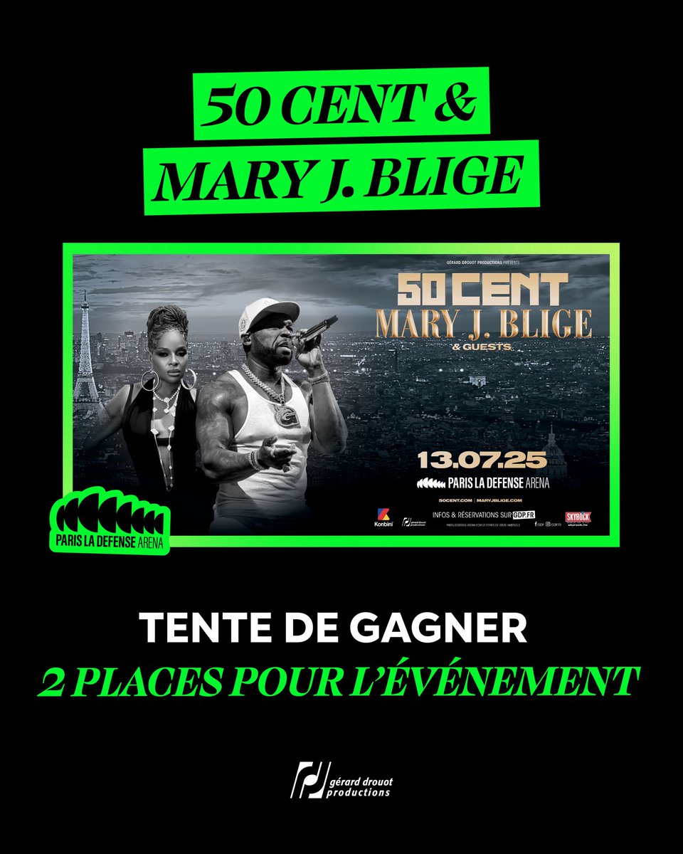 Paris La Défense Arena (@parisladefarena) on Twitter photo Gagne tes places pour le concert de 50 Cent & Mary J. Blige, dimanche 13 juillet à Paris La Défense Arena !
Pour participer :
➡️ Abonne-toi à <a href="/ParisLaDefArena/">Paris La Défense Arena</a>
➡️ Like, RT et identifie tes amis en commentaire
Le gagnant sera contacté par message privé dès vendredi à 15h ! 🥰 Gagne tes places pour le concert de 50 Cent & Mary J. Blige, dimanche 13 juillet à Paris La Défense Arena !
Pour participer :
➡️ Abonne-toi à <a href="/ParisLaDefArena/">Paris La Défense Arena</a>
➡️ Like, RT et identifie tes amis en commentaire
Le gagnant sera contacté par message privé dès vendredi à 15h ! 🥰