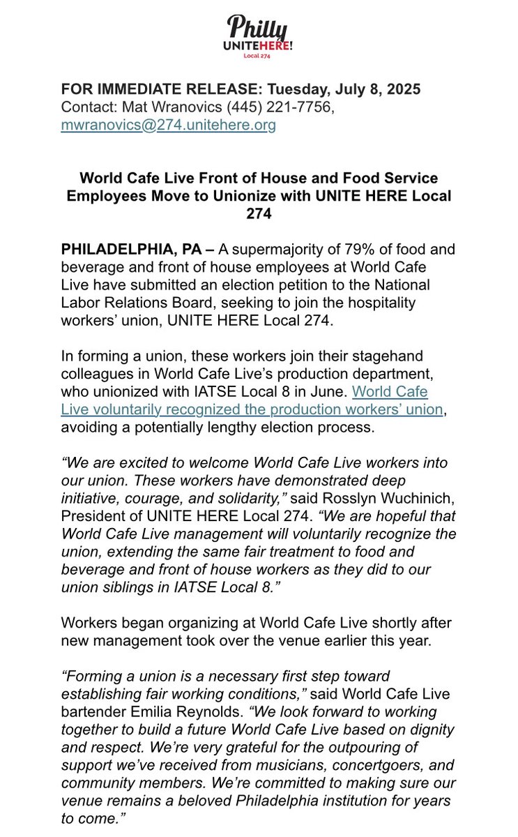 UNITEHEREPhilly's tweet image. UNITE HERE Local 274 is excited to welcome World Cafe Live's front of house and food service workers into our union!