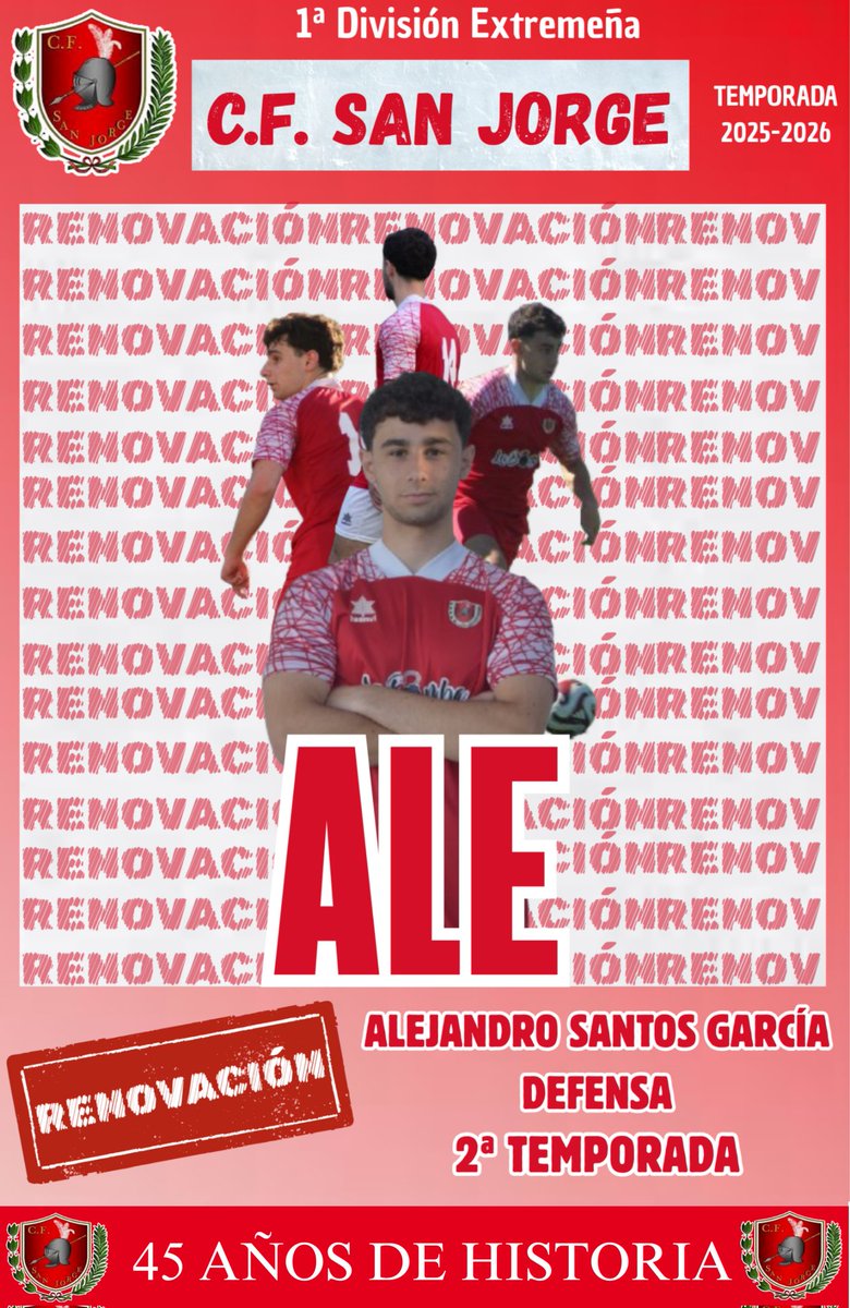 RENOVACIÓN 🔴⚪

Tras fichar por el club la pasada temporada, Álex continúa con nosotros.

Potencia, fortaleza defensiva y buen golpeo de balón.

Aúpa San Jorge 🔴⚪