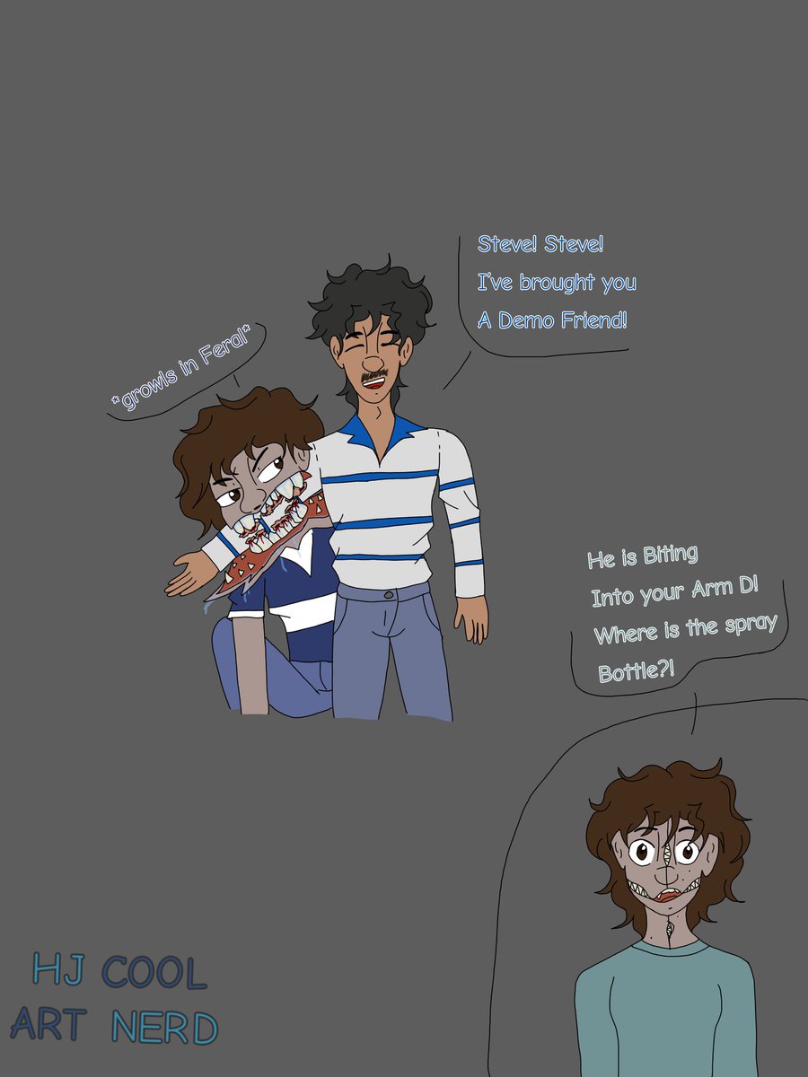 Hj_coolart's tweet photo. Dylan found a new demo friend for Steve but this one is kind of Feral! (Demo Steve Biting Dylan is @SafK_Art Demo Steve) where are Billy and Eddie or Dylan’s behavioral Water spray when you need it
#hj_coolart #myart #oc #strangerthing #steveharrington #dylanwalkeroc https://t.co/AyWqdo6yj1