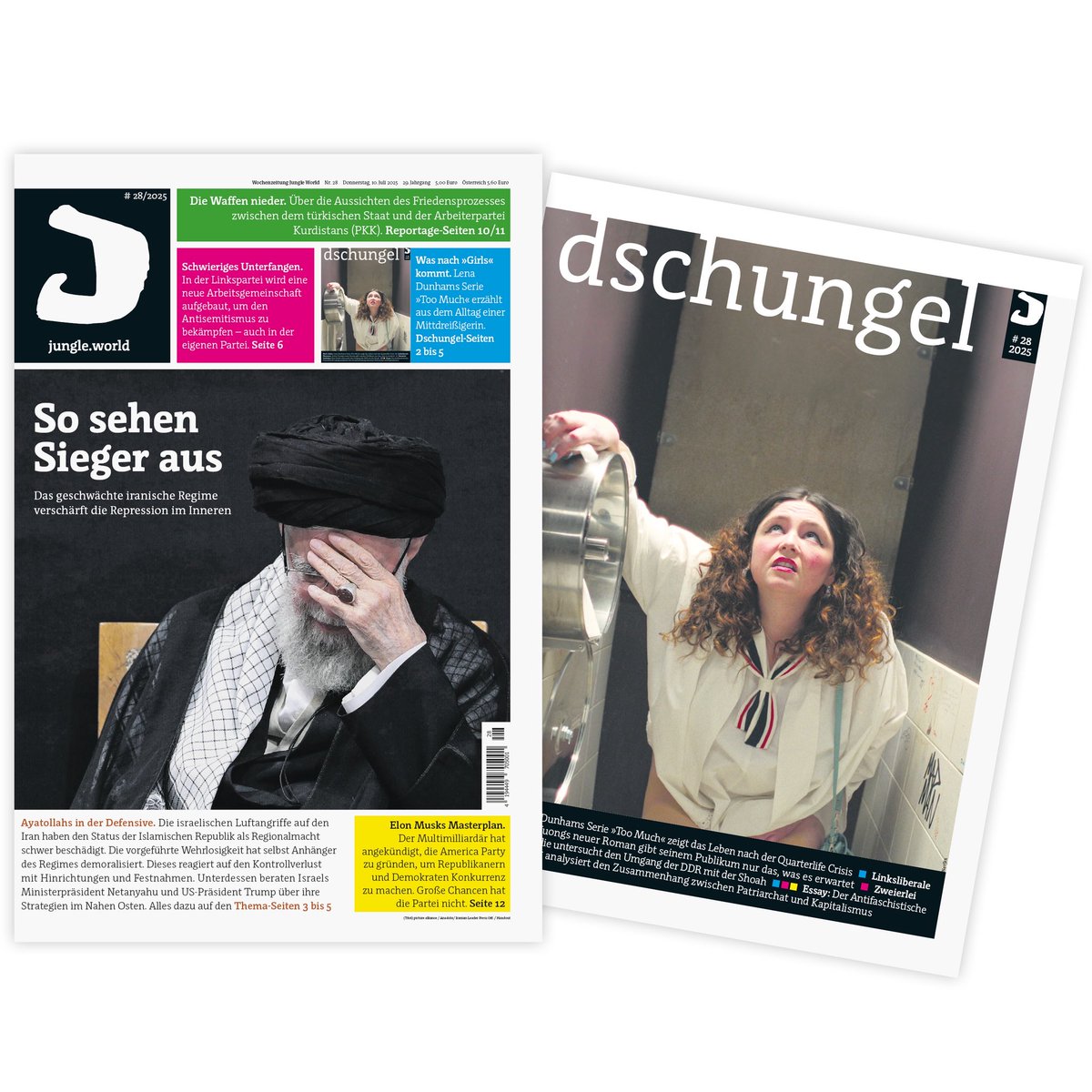 Jungle_World's tweet image. Die neue Ausgabe, unser Schwerpunkt: Das geschwächte iranische Regime verschärft die Repression im Inneren.
📍BSW offen für Gespräche mit der AfD ++ BAG Shalom in der Linkspartei ++ Mega-Zerwürfnis bei Maga... uvm!
🗞️ Ab sofort online (Abo) & im Shop jungle.world/inhalt/2025/28