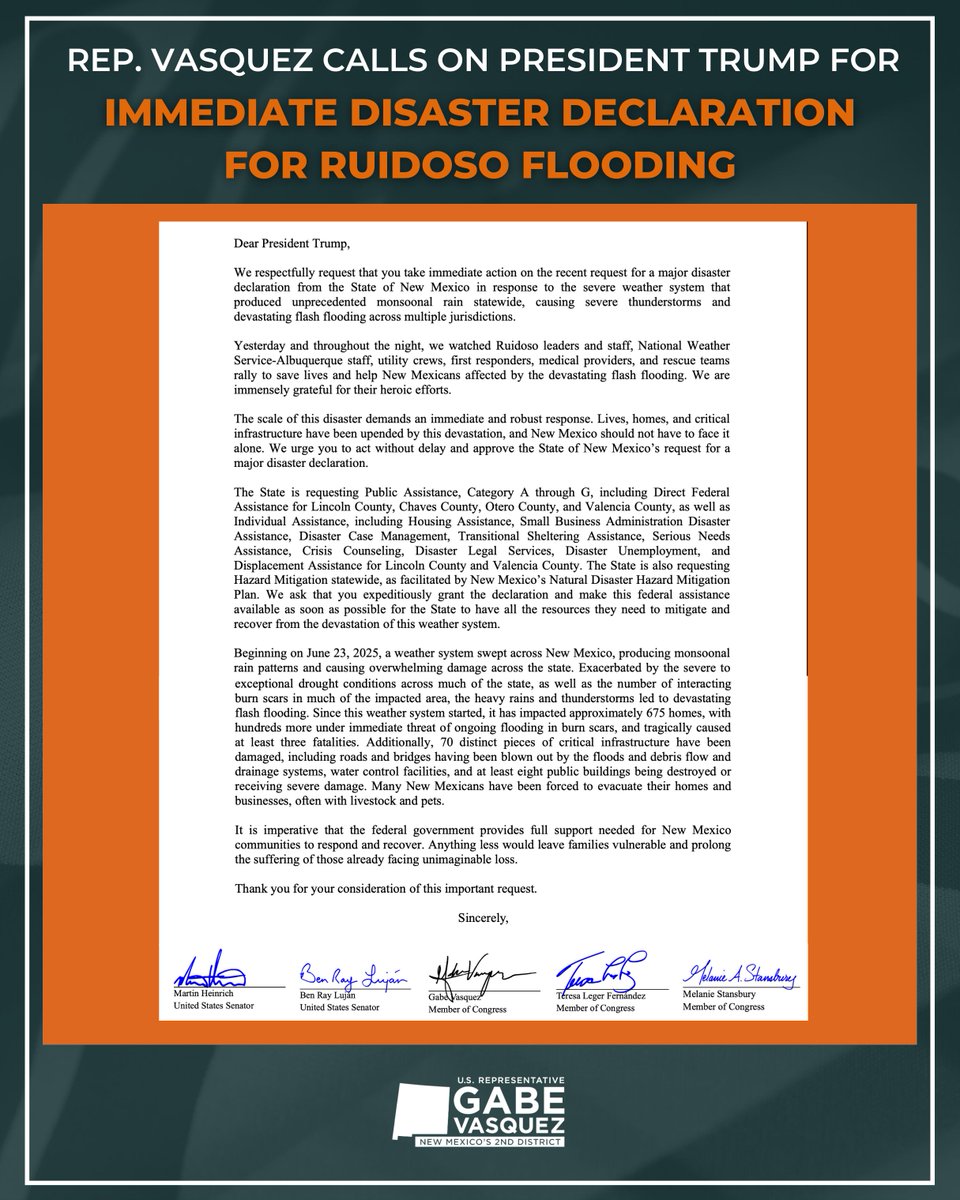 RepGabeVasquez's tweet image. What we are seeing in Ruidoso speaks for itself. This is a major disaster. Lives, businesses, and homes have been upended. @POTUS your administration must send federal support immediately.