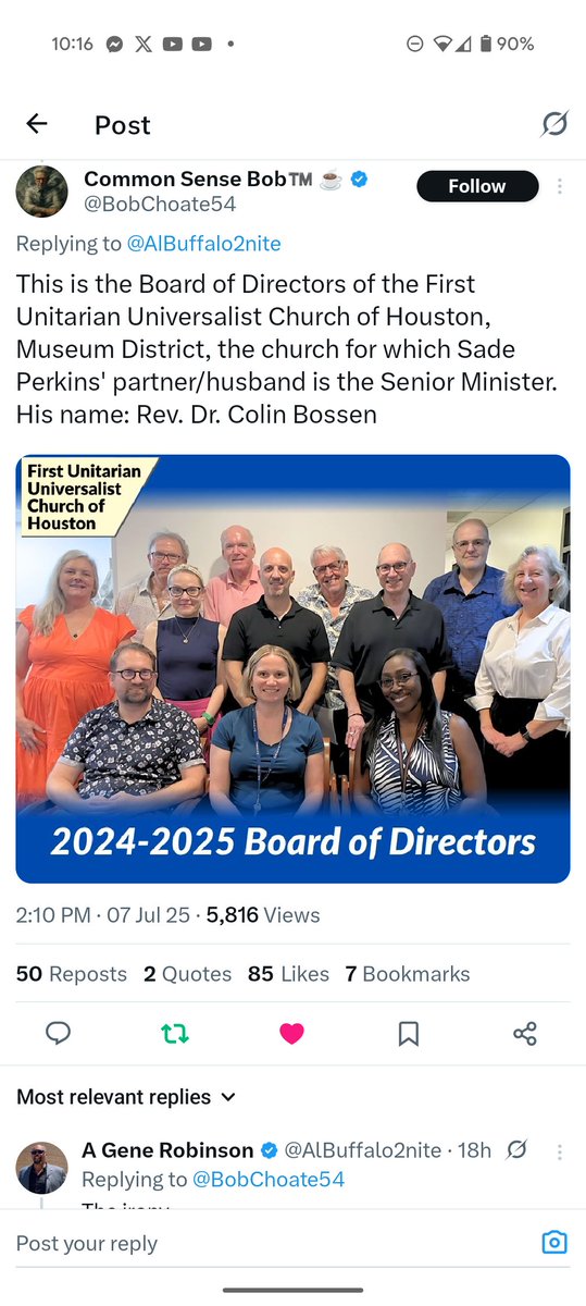 RobinEdgar's tweet photo. @AlBuffalo2nite @Emerson_Avenger @BobChoate54 @GetsBanned @FirstUUHouston @uuHouston To be clear, the "token Black person" in the photo of the First #UnitarianUniversalist Church of Houston's Board is not Sadé Perkins. It's FUUCH's Director of Finance and Operations Tawanna Grice M.B.A., who published a statement distancing the FUUCH from Sadé Perkins.
#UUism https://t.co/MMsSNmqVd7