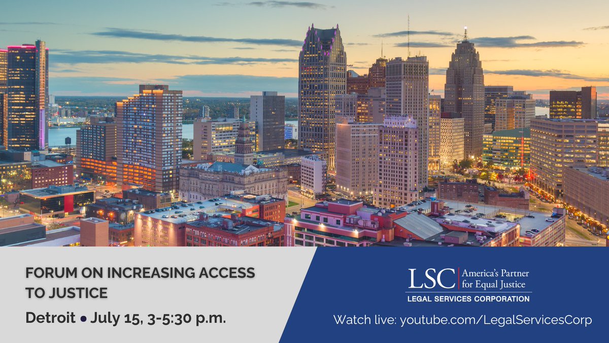 Join us in Detroit or online July 15 for a vital conversation on expanding access to justice—especially around housing security.

LSC and our Michigan partners are hosting a special event you won’t want to miss.

🎥Livestream: youtube.com/live/eAatMtj_7… #LSCDetroit #A2J #Housing