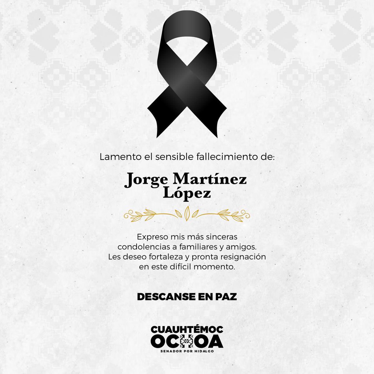 Mi más sentido pésame por el fallecimiento del periodista hidalguense, Jorge Martínez. Descanse en paz. Mi solidaridad y oraciones con su familia.