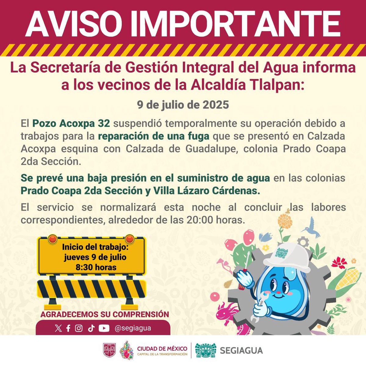 CiudadanosActivosR (@ciudactivos) on Twitter photo IMPORTANTE el pozo Acoxpa 32 está suspendido en su operación debido a trabajos de <a href="/SEGIAGUA/">Secretaría de Gestión Integral del Agua</a> para reparar fuga. Bajará presión debido agua potable en colonias Prado Coapa 2a secc y Villa Lázaro Cárdenas en <a href="/TlalpanAl/">Alcaldía Tlalpan</a> Se espera se normalice servicio en la noche IMPORTANTE el pozo Acoxpa 32 está suspendido en su operación debido a trabajos de <a href="/SEGIAGUA/">Secretaría de Gestión Integral del Agua</a> para reparar fuga. Bajará presión debido agua potable en colonias Prado Coapa 2a secc y Villa Lázaro Cárdenas en <a href="/TlalpanAl/">Alcaldía Tlalpan</a> Se espera se normalice servicio en la noche
