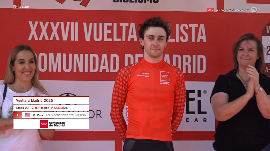 De nuevo Owen Cole (<a href="/lsvcycling/">Kelly Benefits/LSV cycling</a>) en el podio ahora con el maillot rojo de la <a href="/ComunidadMadrid/">Comunidad de Madrid</a> como líder de la clasificación general

 #VueltaMadridSub23