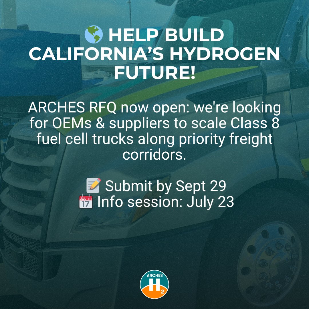 ARCHES_H2's tweet image. 🚛 RFQ Open: Heavy-Duty Fuel Cell Electric Trucks
ARCHES is seeking OEMs & component manufacturers to help deploy 5,000 Class 8 fuel cell electric trucks in California. Responses due Sept 29, 2025.
📄 Read RFQ ➝ bit.ly/44TvjEf
📆 Info Session: July 23 @ 12:30 PM PDT