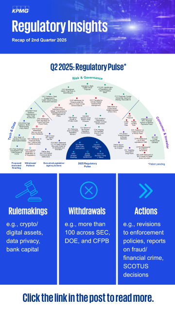 RetrmntActuary's tweet photo. Regulatory dynamics have shifted swiftly in Q2 2025. Key #dataprivacy developments include DOJ and FCC actions related to foreign adversaries. What other actions should you know about? Explore the #KPMG Regulatory Recap for insights. https://t.co/iVyqu237B9 https://t.co/afEkmctF7k