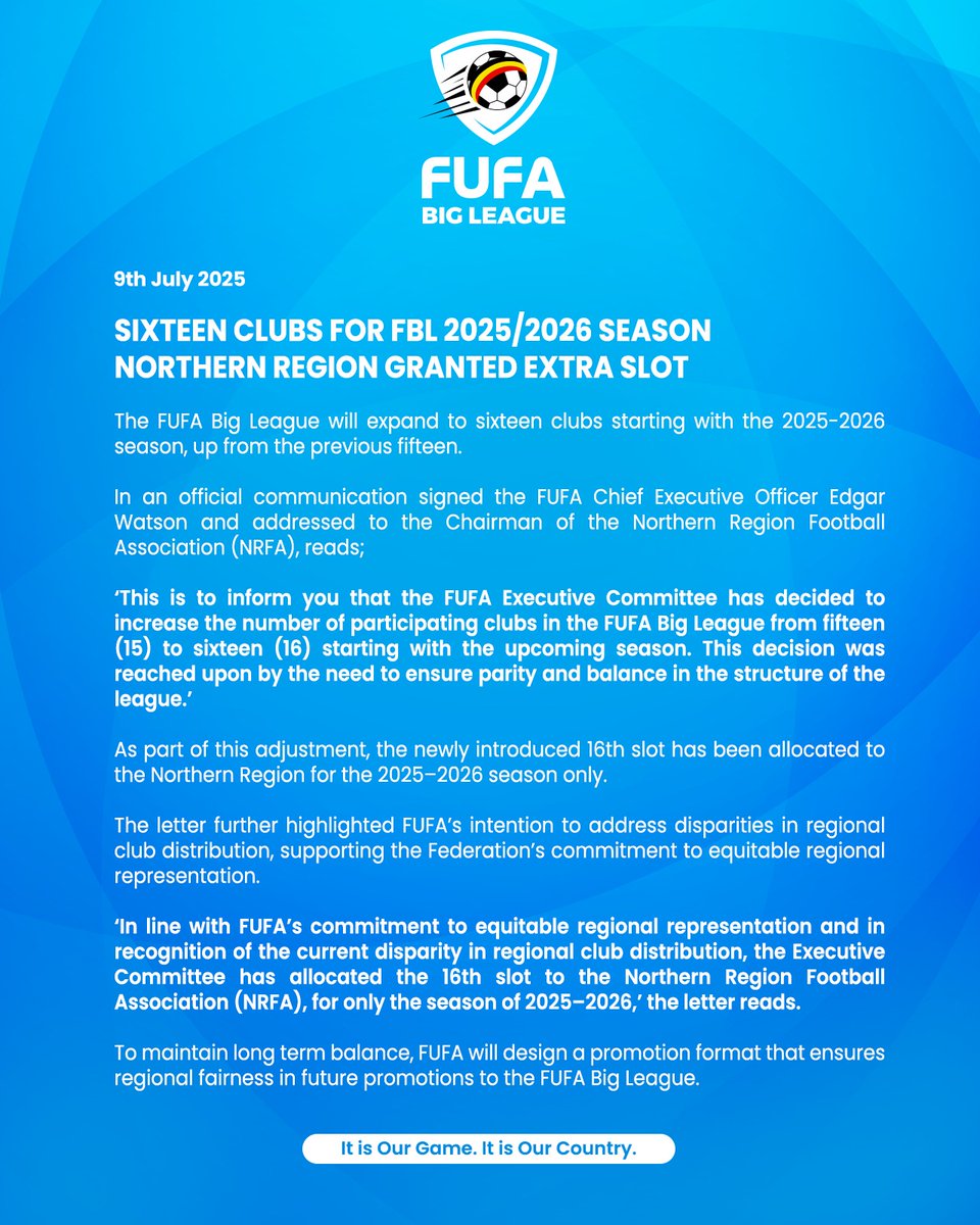 Sixteen Clubs for FBL 2025/2026 Season.

Northern Region granted extra slot.

#FUFABigLeague