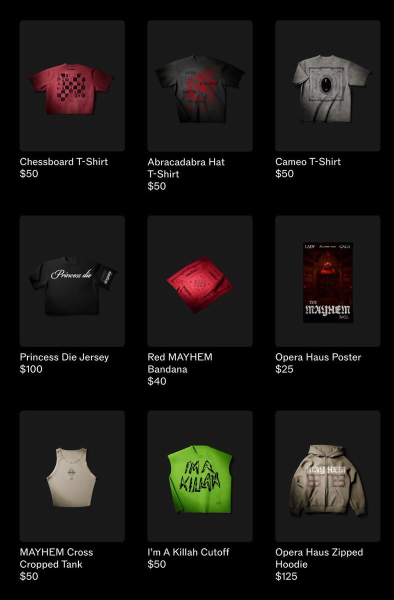 Lady Gaga publica un póster sobre el MAYHEM Ball y anuncia nuevo merchandising en su página web.