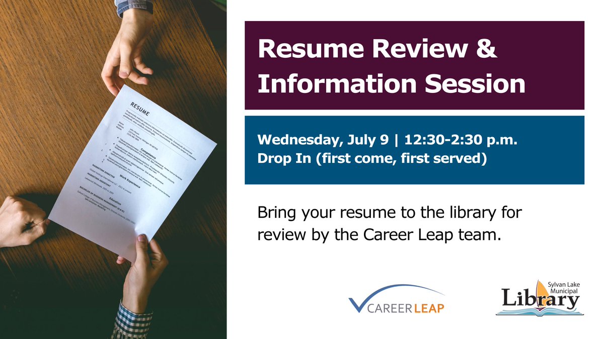 Looking for help with your resume? Drop in today at 12:30 p.m. to meet with the Red Deer Career Leap team for a one-on-one review and info session. 

Bring your resume; first-come, first-served. 

#SylvanLake