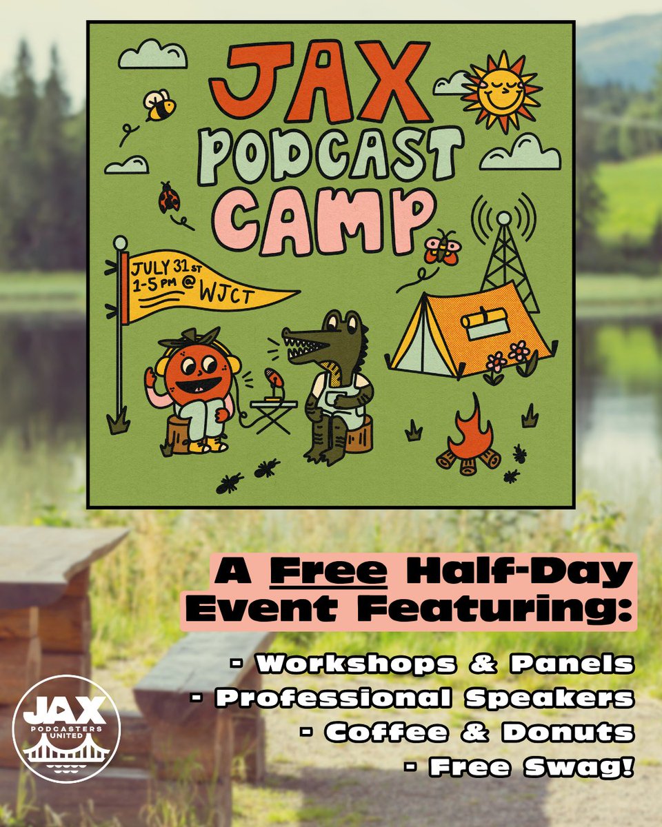 Badr Milligan (@theshortboxjax) on Twitter photo The JPU is setting up camp at <a href="/WJCTJax/">WJCT Public Media</a> for the first ever: JAX PODCAST CAMP!
Join podcasters and audio creators from all over NEFL on July 31st, for a half-day mini-conference full of free resources and education
Grab your camp spot while tix last!
eventbrite.com/e/jax-podcast-… The JPU is setting up camp at <a href="/WJCTJax/">WJCT Public Media</a> for the first ever: JAX PODCAST CAMP!
Join podcasters and audio creators from all over NEFL on July 31st, for a half-day mini-conference full of free resources and education
Grab your camp spot while tix last!
eventbrite.com/e/jax-podcast-…