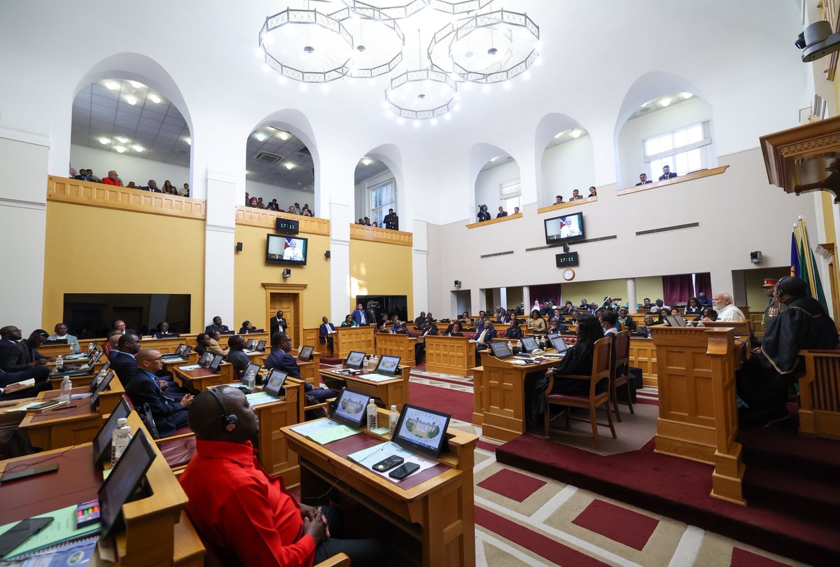 narendramodi's tweet image. It was an honour to speak on India-Namibia friendship, our bond with Africa and India’s efforts for global good, during my address to the Namibian Parliament.