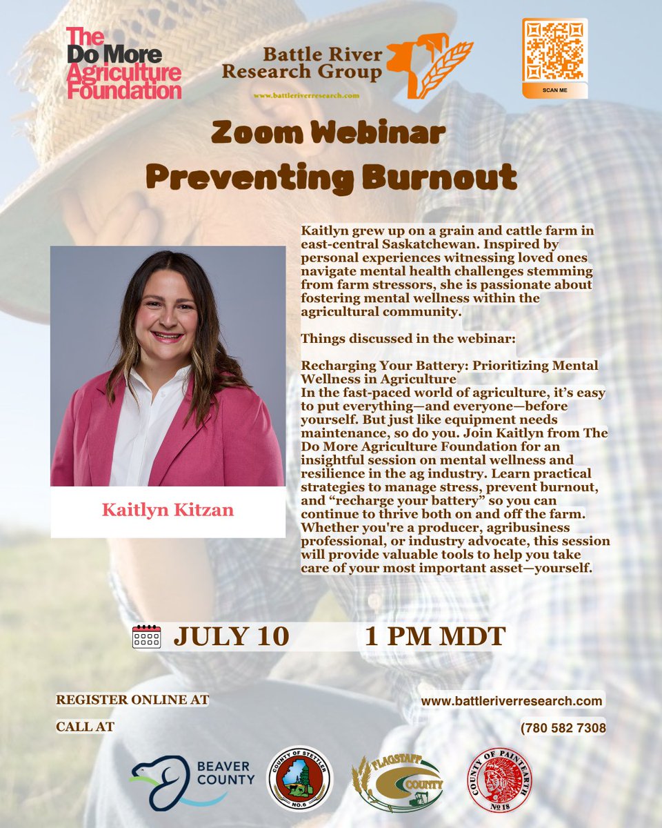 Last day!🔥 Feeling the heat of burnout? You're not alone.
Join us on July 10 at 1 PM for a FREE Zoom webinar with Kaitlyn Kitzan on Preventing Burnout – practical tools, real talk, and a reset for your mental health.

👩‍🌾 Hosted by Battle River Research Group in collaboration