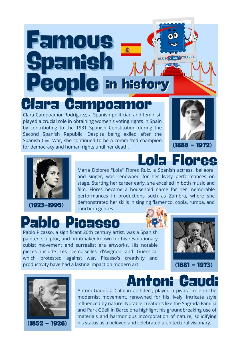 Check out some of our favourite famous Spanish people in history! 🇪🇸

You can download and print this resource, as well as our other famous people and famous linguists posters, for free from our website:
bluestamptravel.com/classroom-reso…

#famousspanishpeople #spanishculture #spain