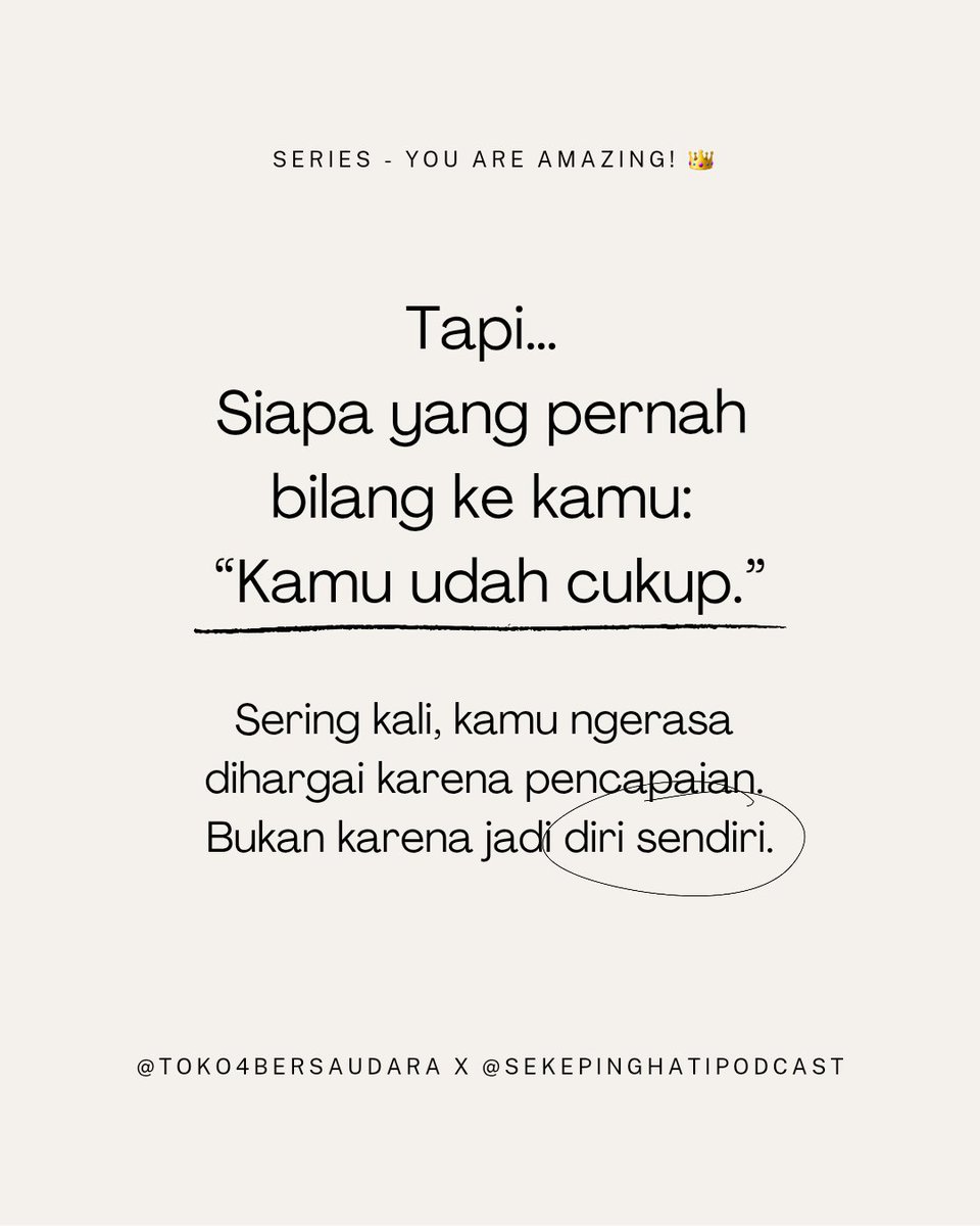sekepinghatii_'s tweet photo. Pernah ngerasa dihargai cuma kalau kamu jadi ‘baik, nurut, pintar’? Yuk cerita, ini safe space buat sesama anak perempuan pertama.
.
Series "You are Amazing!" - @sekepinghatii_ x @toko4bersaudara https://t.co/vZIPvZKP2P