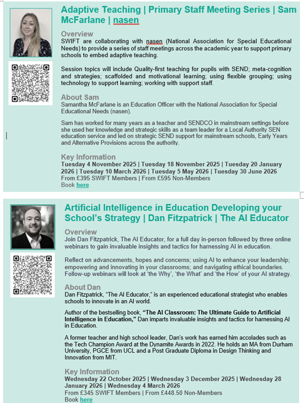 Don't miss out! 
*FINAL week of the EARLY BIRD 10% Discount.* 
SWIFT CPD and Membership 2025 - 2026.
Sign-up before 18/7/25 and save 10%.  
More info sw-ift.org.uk/membership.html
Register forms.office.com/e/3EUk3ddwQr 
#CPD #ProfessionalDevelopment #teachers #schools