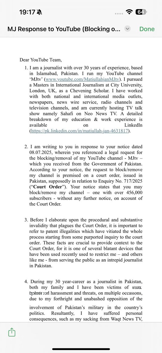 Matiullahjan919's tweet image. Free speech alert 1/3 : 

Here is #MJtv - youtube.com/MatiullahjanMJ… response to @YouTube notice for blocking or removal of my channel on an order by our local court in Pakistan. This response is compelled by a patently illegal court order that was secretly issued without a…