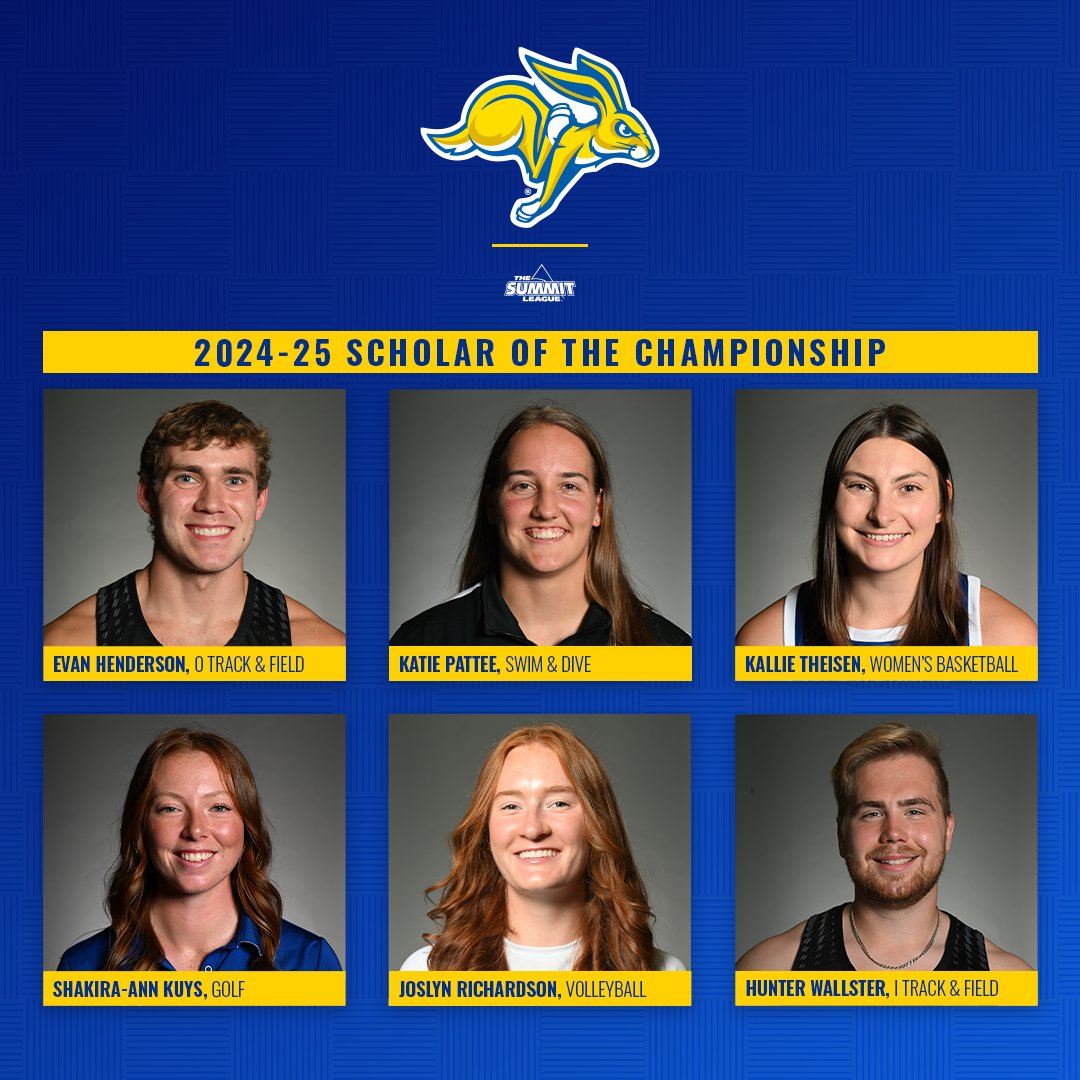 South Dakota State Jackrabbits (@gojackssdsu) on Twitter photo We had SIX student-athletes stand out academically at their respective championships this season! π€©
π Evan Henderson, <a href="/GoJacksTFXC/">Jackrabbit Cross Country // Track & Field</a>
π Shakira-Ann Kuys, <a href="/GoJacksWGolf/">Jackrabbit Women's Golf</a>
π Katie Pattee, <a href="/GoJacksSwim/">Jackrabbit Swim & Dive</a>
π Joslyn Richardson, <a href="/GoJacksVB/">Jackrabbit Volleyball</a>
π Kallie Theisen, <a href="/GoJacksWBB/">Jackrabbit WBB</a>
π Hunter We had SIX student-athletes stand out academically at their respective championships this season! π€©
π Evan Henderson, <a href="/GoJacksTFXC/">Jackrabbit Cross Country // Track & Field</a>
π Shakira-Ann Kuys, <a href="/GoJacksWGolf/">Jackrabbit Women's Golf</a>
π Katie Pattee, <a href="/GoJacksSwim/">Jackrabbit Swim & Dive</a>
π Joslyn Richardson, <a href="/GoJacksVB/">Jackrabbit Volleyball</a>
π Kallie Theisen, <a href="/GoJacksWBB/">Jackrabbit WBB</a>
π Hunter