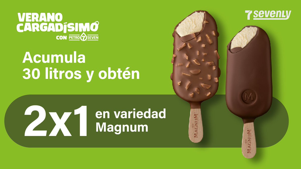 ¿Antojo de una Magnum? ¡Mejor que sean 2! Llévate 2x1 acumulando 30 litros en Sevenly.
Descárgala aquí: bit.ly/TX7ly