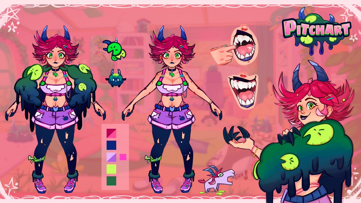 SG_PitchART's tweet image. FINALLY HERE!🎉
"I'm PitchART! Your crazy Goat Girl Vtuber that fell into the Swamp, now I live in it! I like drawing, gaming and cause some chaos~"🐐🌿
♡Careful, I bite!♡
#modelreveal #NewVtuber #debut
