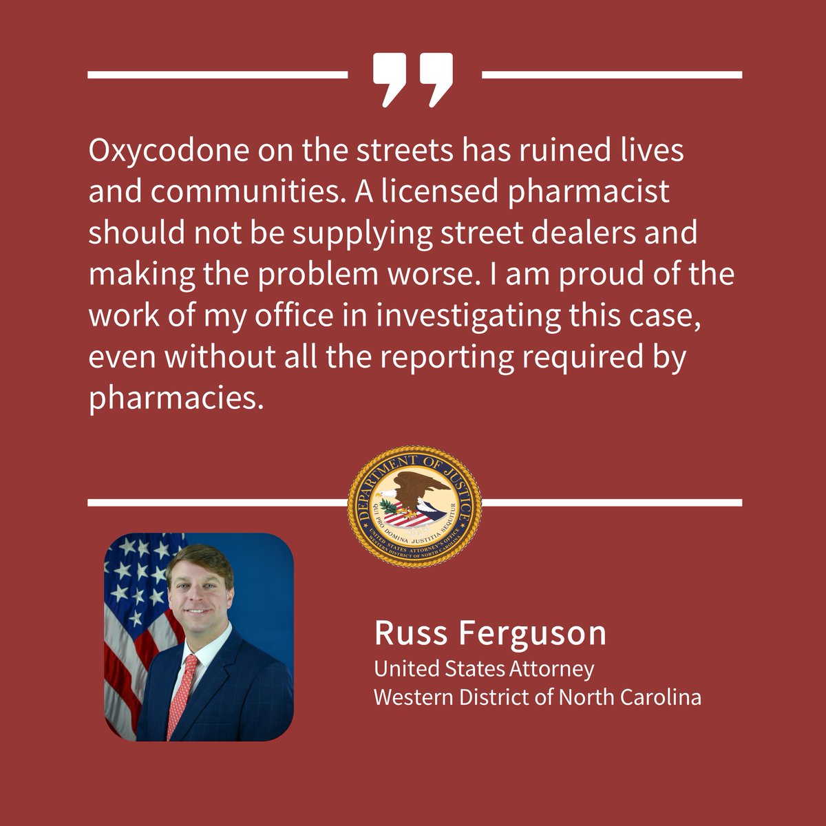 U.S. Attorney WDNC (@usao_wdnc) on Twitter photo Gastonia pharmacist who sold more than 1,500 pills without a prescription is sentenced to prison for illegally distributing Oxycodone.
w/ <a href="/DEAATLANTADiv/">DEAAtlanta</a>
justice.gov/usao-wdnc/pr/g… Gastonia pharmacist who sold more than 1,500 pills without a prescription is sentenced to prison for illegally distributing Oxycodone.
w/ <a href="/DEAATLANTADiv/">DEAAtlanta</a>
justice.gov/usao-wdnc/pr/g…