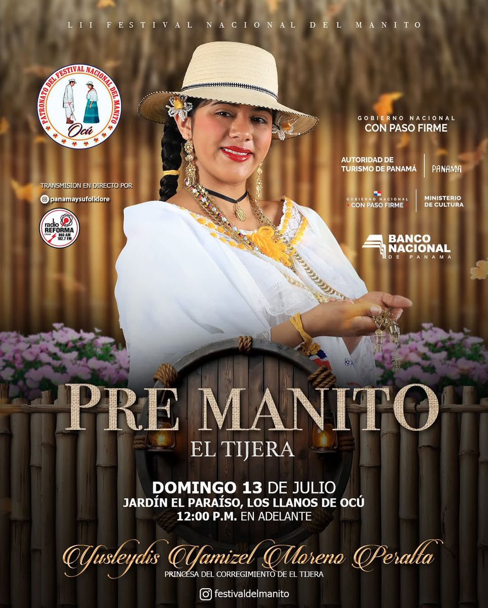 ¡Este domingo 13 de julio acompáñanos al Pre Manito en el corregimiento de El Tijera, que tendrá lugar en el Jardín El Paraíso, Los Llanos de Ocú, a partir de las 12:00 p.m.!
Sintoniza la señal de Radio Reforma 102.7 FM / 860 AM  - En vivo a través de  Instagram.