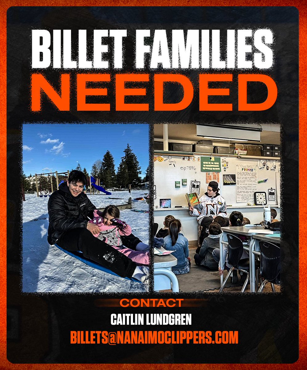 Nanaimo Clippers (@clippershockey) on Twitter photo Host a Clipper, gain a new family member‼️
Becoming a billet means unforgettable memories—on and off the ice.
Contact Caitlin for more info!
📧 billets@nanaimoclippers.com
#BleedOrange Host a Clipper, gain a new family member‼️
Becoming a billet means unforgettable memories—on and off the ice.
Contact Caitlin for more info!
📧 billets@nanaimoclippers.com
#BleedOrange