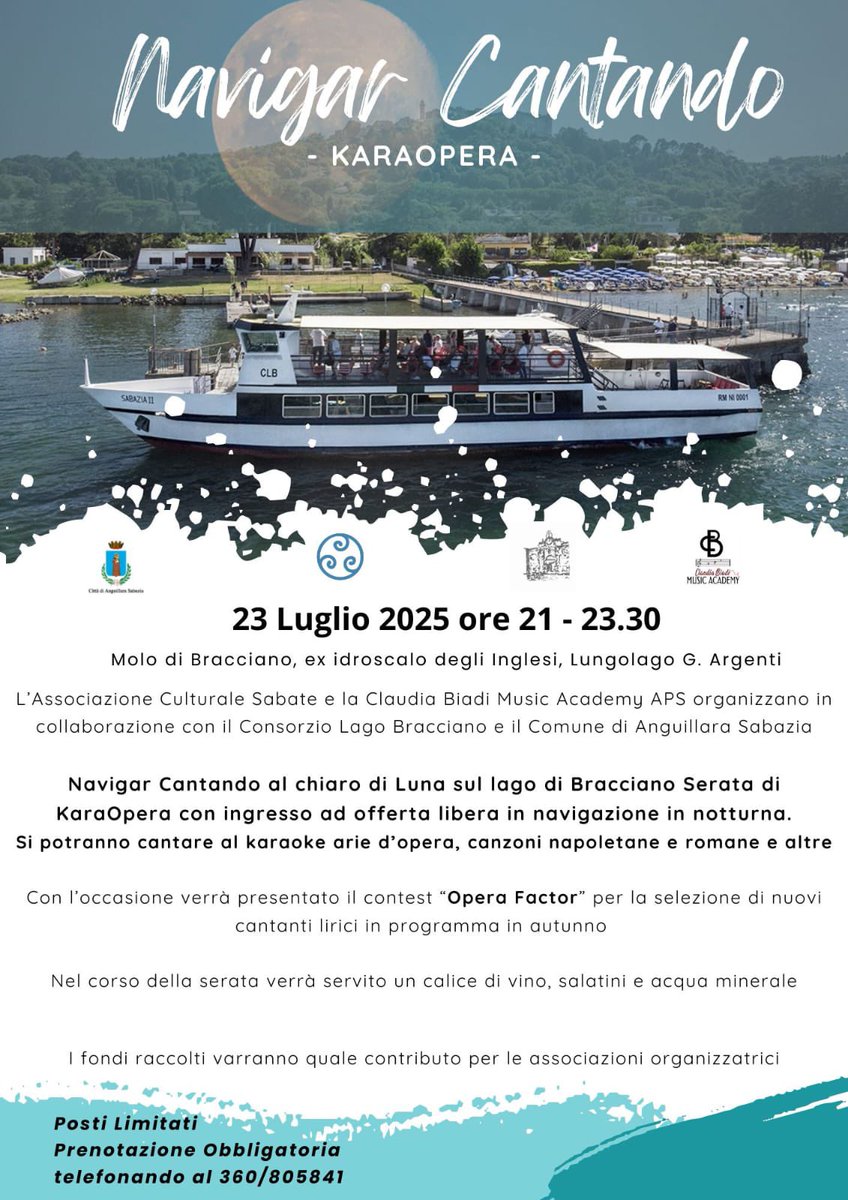 Il 23 luglio L’associazione Claudia  Biadi Music Academy   in collaborazione con l’Associazione Sabate, il Consorzio lago di Bracciano e il Comune dì Anguillara vi invita a un originale evento che vi renderà protagonisti e non spettatori .
Prenotazione obbligatoria:360/805841