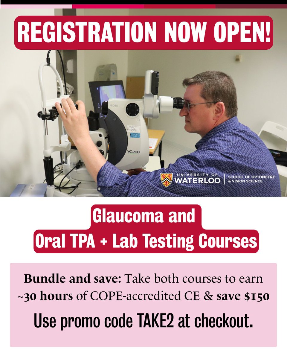 UwOptometry's tweet image. Boost your clinical confidence!
Join our CE courses on glaucoma management and on TPAs & lab result interpretation.
Online modules start July 22; live-virtual lectures start Sept 19–20.
Earn up to 30 CE hours & save $150 with code TAKE2
Register here: bit.ly/3GG8pXE
