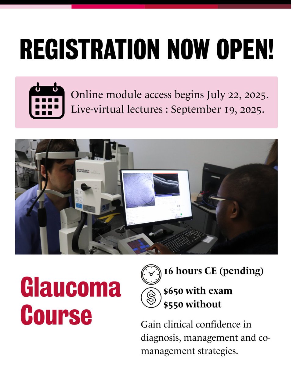 UwOptometry's tweet image. Boost your clinical confidence!
Join our CE courses on glaucoma management and on TPAs & lab result interpretation.
Online modules start July 22; live-virtual lectures start Sept 19–20.
Earn up to 30 CE hours & save $150 with code TAKE2
Register here: bit.ly/3GG8pXE
