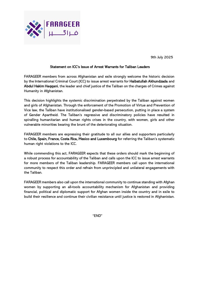 FARAGEER's tweet image. FARAGEER expects that @IntlCrimCourt orders should mark the beginning of a robust process for accountability of the #Taliban and calls upon the #ICC to issue arrest warrants for more members of the Taliban leadership.