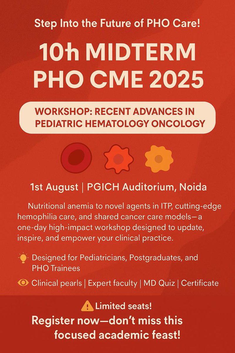 PHO INDIA (@pho_india) on Twitter photo #MidtermCME25 _ 10_PHO
🩸 Workshop: Recent Advances in PHO
📍 1st Aug | PGICH Auditorium, #Noida
💡 Designed for Pediatricians,PGs & PHO Trainees
Link- midtermphoconnoida.in
<a href="/DrManasKalra1/">Dr Manas Kalra</a> <a href="/nr_pedhemonc/">Nita Radhakrishnan</a> <a href="/drshweta_pedonc/">Shweta Bansal</a> <a href="/DrShrutiKakkar/">Shruti Kakkar</a> <a href="/Satyayadav__/">Satya Prakash Yadav</a> <a href="/DrNehaRastogi1/">Dr Neha Rastogi</a> #MidtermCME25 _ 10_PHO
🩸 Workshop: Recent Advances in PHO
📍 1st Aug | PGICH Auditorium, #Noida
💡 Designed for Pediatricians,PGs & PHO Trainees
Link- midtermphoconnoida.in
<a href="/DrManasKalra1/">Dr Manas Kalra</a> <a href="/nr_pedhemonc/">Nita Radhakrishnan</a> <a href="/drshweta_pedonc/">Shweta Bansal</a> <a href="/DrShrutiKakkar/">Shruti Kakkar</a> <a href="/Satyayadav__/">Satya Prakash Yadav</a> <a href="/DrNehaRastogi1/">Dr Neha Rastogi</a>