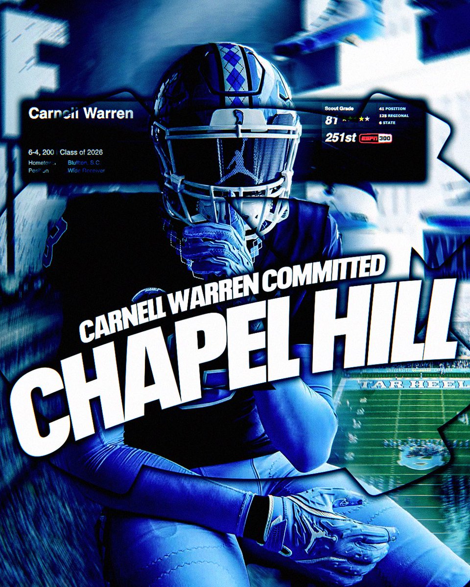 Billy Tucker (@theucreport) on Twitter photo UNC lands a commitment from ESPN 300 No. 251 Carnell Warren 🐏 <a href="/carnw18/">Carnell Warren</a>
A 6’4” WR, Warren is one of the top prospects in South Carolina and becomes the fourth ESPN 300 commit for the Tar Heels. He was an Under Armour All-American as a junior. UNC lands a commitment from ESPN 300 No. 251 Carnell Warren 🐏 <a href="/carnw18/">Carnell Warren</a>
A 6’4” WR, Warren is one of the top prospects in South Carolina and becomes the fourth ESPN 300 commit for the Tar Heels. He was an Under Armour All-American as a junior.