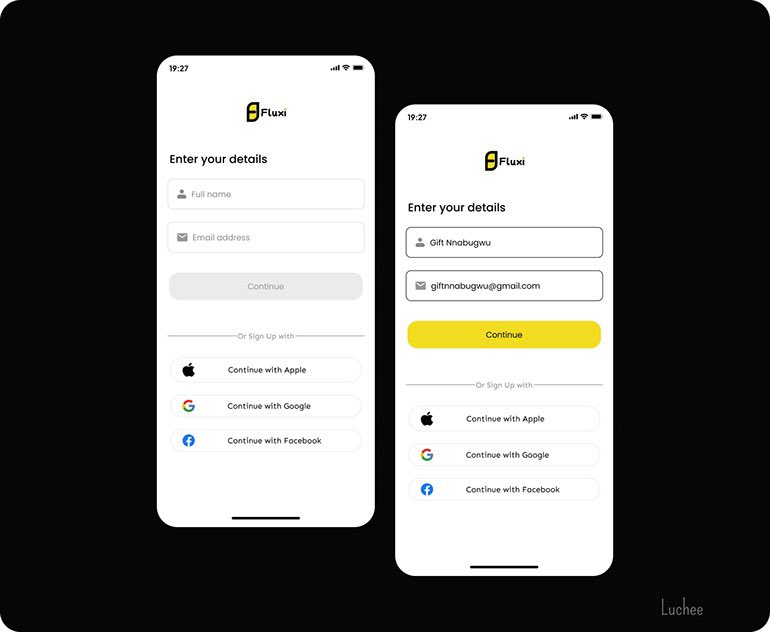 Sign up page for Fluxi (a ride-booking App)