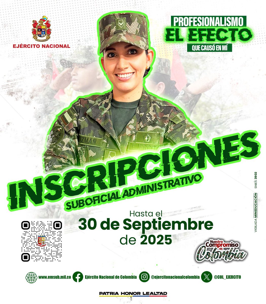 Ejercito_Div8's tweet image. ¡Atención! Hasta el 30 Septiembre de 2025 se encuentran abiertas las inscripciones para la convocatoria del Curso de Suboficial Administrativo.
Ingrese a la página de nuestra Escuela Militar de Suboficiales Sargento Inocencio Chincá —> emsub.mil.co y consulte las más…