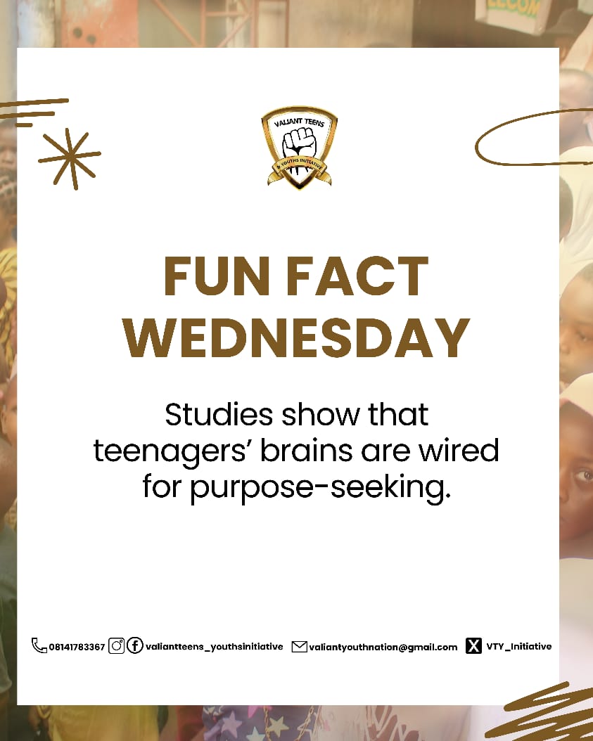 VTY_Initiative's tweet photo. FUN FACT WEDNESDAY 

Did you know?

Studies show that teenagers’ brains are wired for purpose-seeking.

Royalty, your desire to make a difference or find deeper meaning in life is not random. It is biological, backed by science, and planted by design. https://t.co/XlbqMJ9I5b