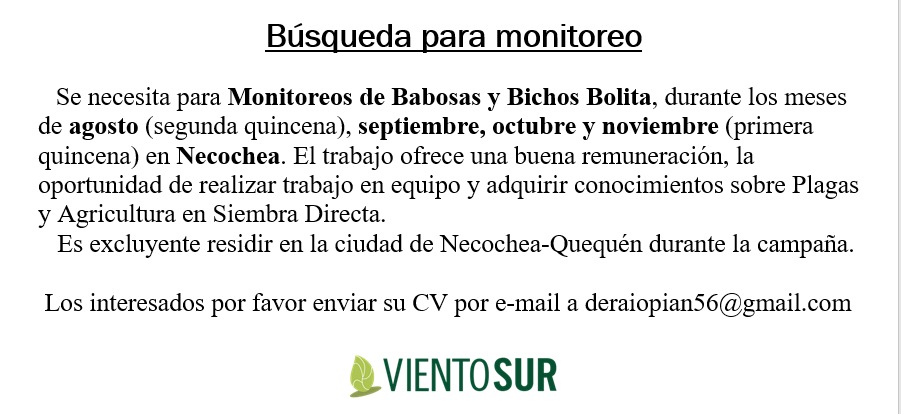 Búsqueda laboral! 🫵
Para monitoreo de babosas y bichos bolita 🧐. 
📍Necochea 
🗓De mediados de agosto a noviembre