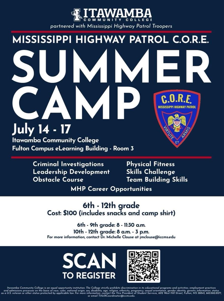MHPTroopF's tweet photo. 🚨 First-ever MHP Summer Camp is happening July 14–17!
📍 Itawamba CC
🎯 Grades 6–12
💲 $100
🚓 Leadership, teamwork & law enforcement fun!
Make history—register now!
#MHPSummerCamp #FirstOfItsKind #FutureTroopers https://t.co/ob3hI8spLD