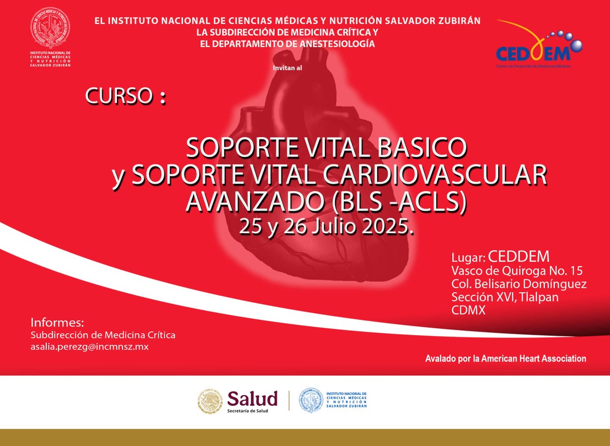 INCMNSZ (@incmnszmx) on Twitter photo * * * CURSO * * *
Soporte Vital Básico y Soporte Vital Cardiovascular Avanzado ((BLS - ACLS)
25 y 26 de julio
Para mayor información
asalia.perezg@incmnsz.mx
5554870900 ext. 5020 * * * CURSO * * *
Soporte Vital Básico y Soporte Vital Cardiovascular Avanzado ((BLS - ACLS)
25 y 26 de julio
Para mayor información
asalia.perezg@incmnsz.mx
5554870900 ext. 5020