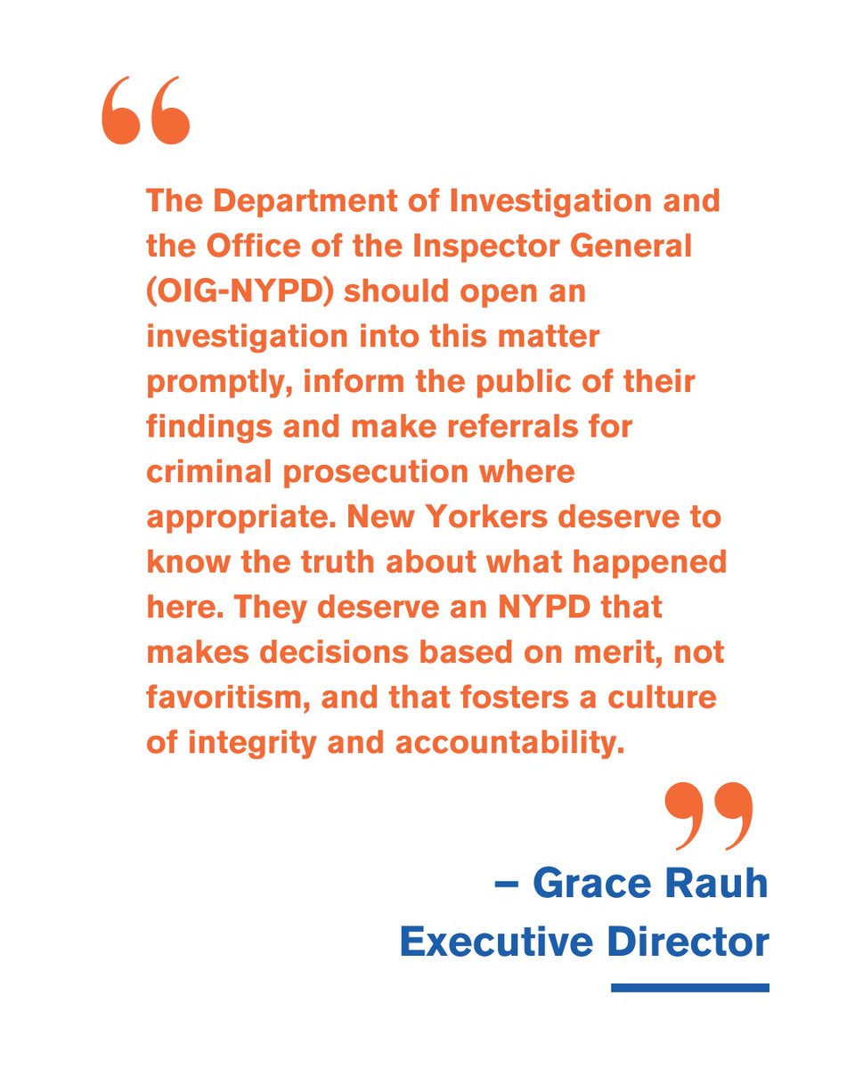 Allegations of corruption, pay-to-play promotions, and retaliation at the highest levels of the NYPD are deeply alarming.

We’re calling for an immediate investigation by the DOI and NYPD Inspector General. New Yorkers deserve to know what happened here: