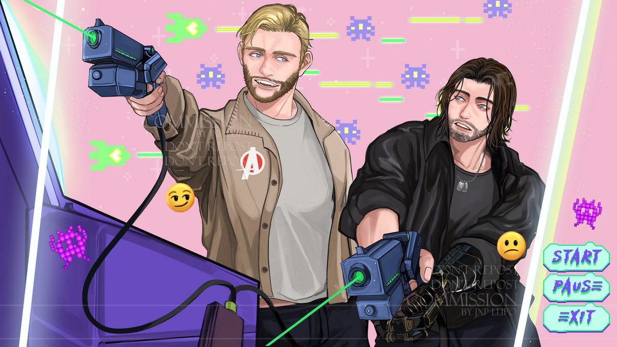 Zolredfox's tweet photo. #Winteragent #JohnBucky 
Free time at the arcade game center 👾🕹️ #JohnWalker #BuckyBarnes 
John: Don't worry. I'll keep an eye on you. 
Bucky: On me or the screen?
John: Both. 
Bucky: Focus, John.. focus. https://t.co/RgxzHfyEW1