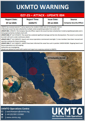 UK_MTO's tweet image. 20250709-UKMTO_WARNING_INCIDENT_027-25-UPDATE 004
ukmto.org/ukmto-products…
#MaritimeSecurity #MarSec