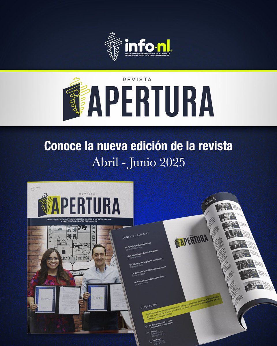 #Entérate | Te invitamos a leer y compartir la nueva edición de la Revista "Apertura INFONL".  📖✍️

🔗 bit.ly/APERTURA-INFON…

#SeguimosTrabajando #PorLaTransparencia #Apertura