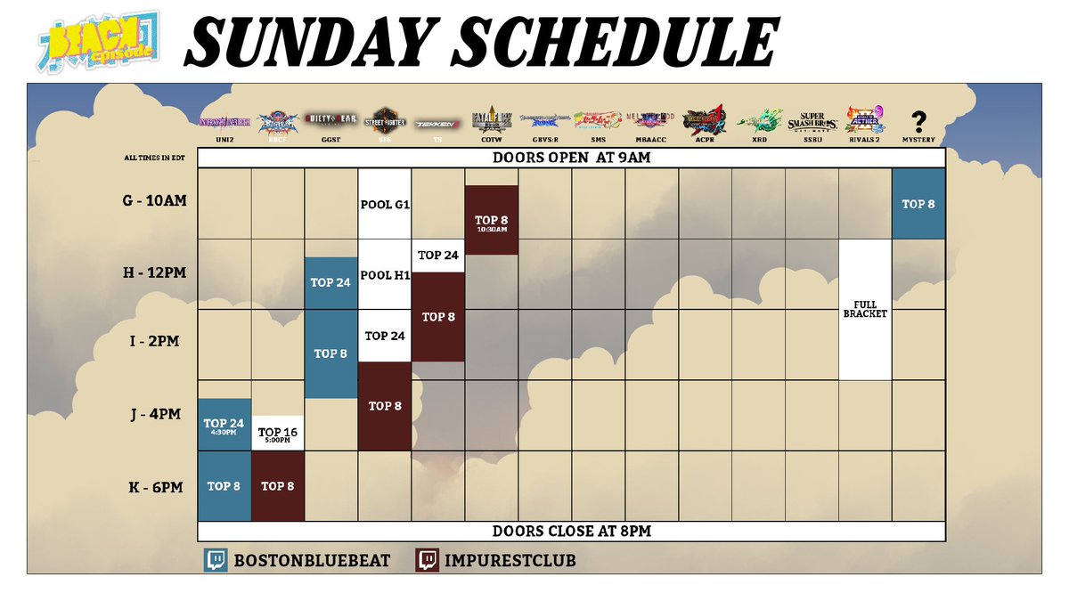 Here is your tournament schedule for Beach Episode 2025. 🕰️  

Save it, memorize it, and please be on time for your bracket!