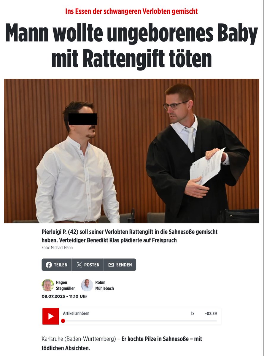 Der Lebensmitteltechniker hatte laut Anklage versucht, seine schwangere Verlobte (29) zu vergiften und so sein ungeborenes Kind zu töten. Der Richter befand, dass es sich um eine „Kurzschlussreaktion“ gehandelt habe.
18 Monate Bewährung.