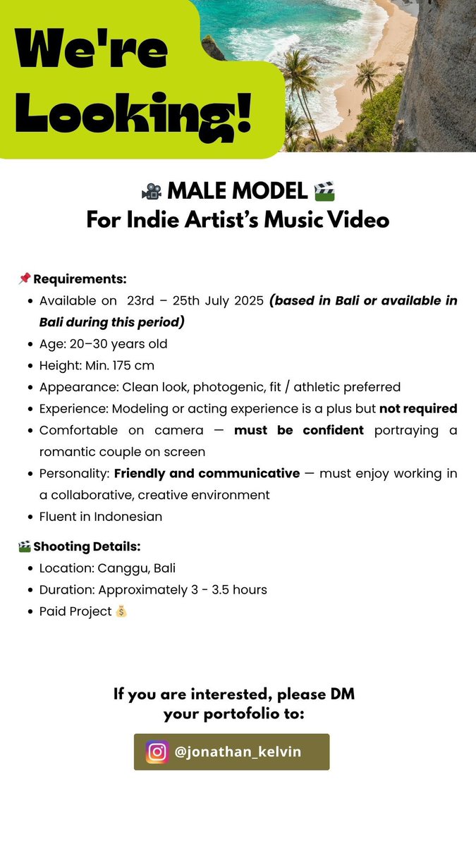 jonathanklvn's tweet photo. 🚨Hi teman2 terutama yg berlokasi di Bali! Aku sedang ada upcoming Music Video project &amp; membutuhkan model Pria sebagai model couplenya! Detail project &amp; Requirements bisa cek disini ya! If you are interested, feel free to contact me! #freelance #JobAlert https://t.co/K1a37qxCGY