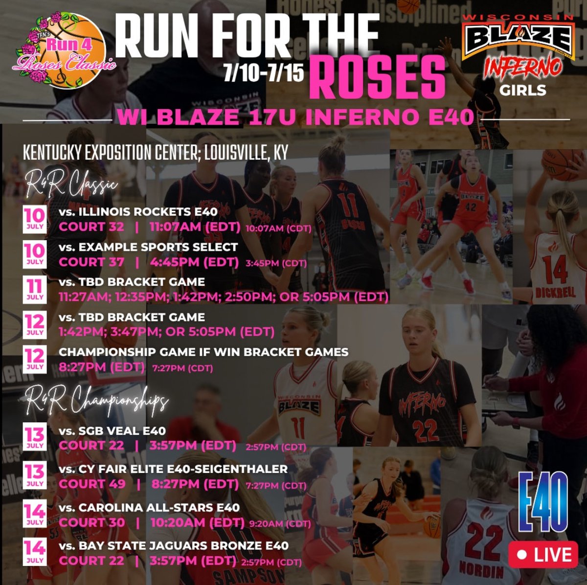 JennaOtt7's tweet image. Can’t wait to compete at the Run 4 Roses this week!! Check out the schedule down below! 👀🏀🌹@LisaMVanWyk @WisconsinBlaze @WIBlazeInferno
