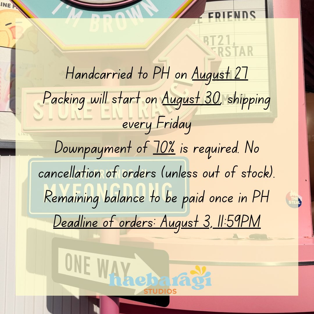 📢 Haebaragi Studios is hosting a South Korea pasabuy this August 2025!

We'll be opening pasabuys for all accessible brands available in Seoul, Busan, Daegu, and Gwangju. 💛

You can check our IG post (instagram.com/p/DL4L4YSzBWn/…) for more info!

🏷️ pasabuy ph go korea sk